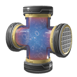 This clear glass aqueduct encloses a perpetually churning supply of 'liquid'. This X-shaped configuration allows for connecting four ducts in a cruciform arrangement.