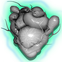 Powerful and muscular, this bionic pump sits within a network of synthetic tubes. It twitches when touched, its rhythms sensitive to the presence of other thinking entities.